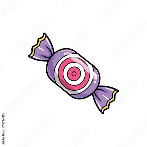 Outline Art Icon: Wrapped Candy in Purple and Yellow for Sweet Treat and Dessert Graphic Element