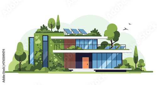 Modern sustainable eco friendly house with solar panels and green roof.