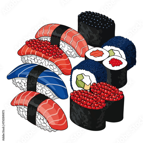 Sushi Variety Colorful Nigiri and Maki Rolls with Fish and Roe