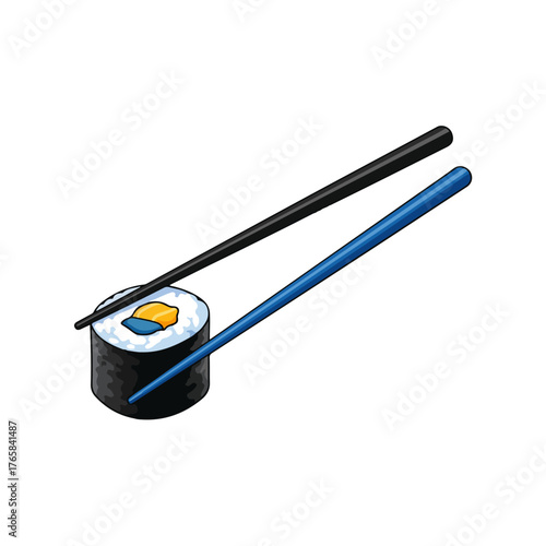 Sushi Roll with Chopsticks on White Background