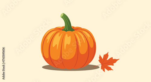 A Ripe Orange Pumpkin with a Single Autumn Leaf.