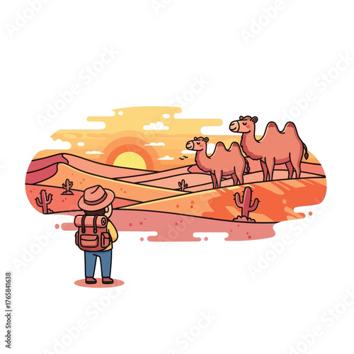 Adventurer trekking through a vibrant desert landscape, encountering friendly camels at sunset for a unique travel experience and inspiring wanderlust