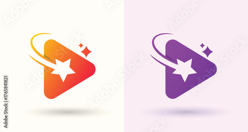 Play button star swoosh logo media video player streaming start brand icon
