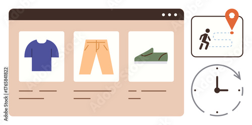 Online shopping interface featuring clothing items, delivery tracking symbol with location marker, and a clock icon. Ideal for online retail, logistics, shopping experience, order management