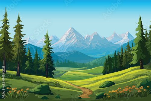 green hill landscape national park background with grass and mountains for nature and outdoor concept