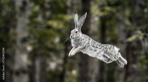 A jackrabbit leaping through the forest air, frozen mid-flight. Grace, instinct, and wild freedom suspended in air.