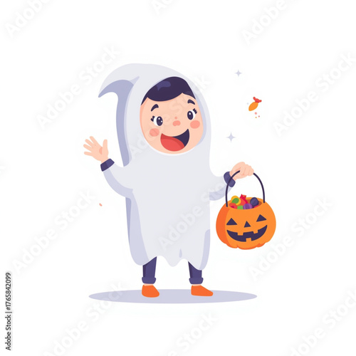 Happy Child Wearing Ghost Costume Holding Pumpkin Candy Bucket for Halloween Celebration