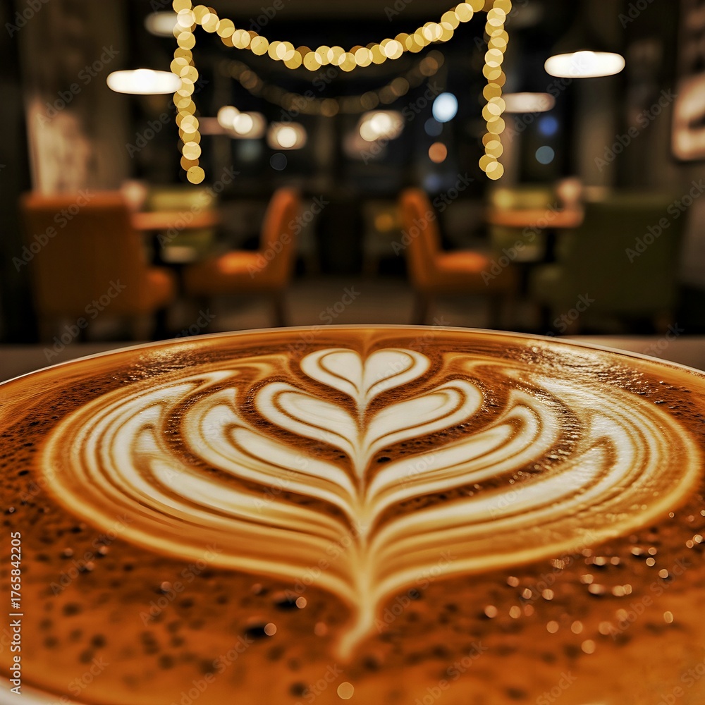 Obraz premium an aesthetic coffee shop with latte art and an industrial tropical bohemian interior design concept,