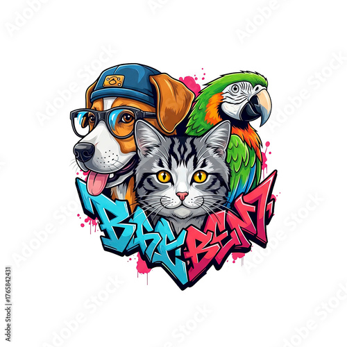 Hipster dog, cool cat, and parrot surrounded by vibrant, dripping graffiti art in a heart shape.