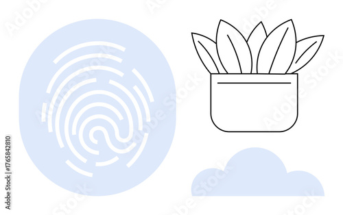 Fingerprint with detailed pattern, minimalist potted plant, and cloud shape. Ideal for identity, technology, security, sustainability, nature innovation and digital transformation. Simple flat