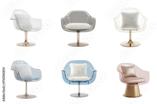 Set of elegant modern minimalistic transparent armchairs with silk pillows and fairy lights on metal bases, isolated on transparent background, perfect for collages and new year advertising