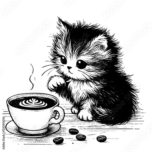 Black and white drawing of a kitten sitting on a table with a cup of coffee. The kitten is looking at the cup with curiosity and seems to be interested in the coffee