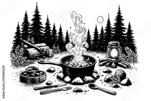 Black and white drawing of a campfire with a pot of food on it. The drawing has a mood of warmth and comfort, and the idea is to evoke feelings of being outdoors