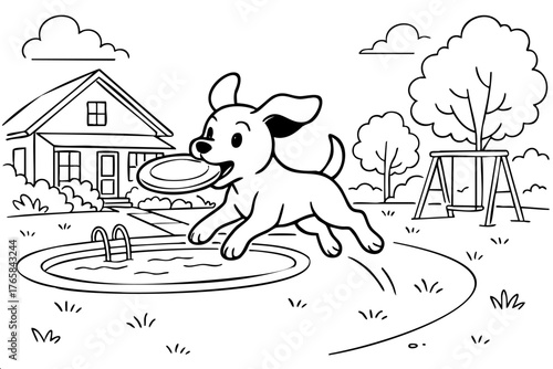 Dog is running in a yard with a frisbee in its mouth. The dog is in a playful mood and is enjoying the activity