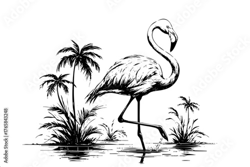 Black and white drawing of a flamingo walking through a jungle. The flamingo is the main focus of the image, and the surrounding palm trees and grassy area create a peaceful, natural atmosphere