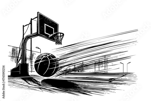 Basketball is in the air and is about to go through a hoop. The image is of a basketball game