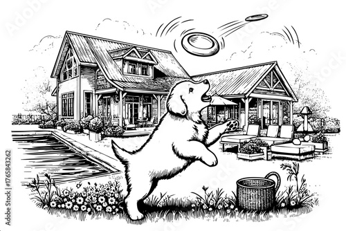 Dog is playing with a frisbee in front of a house. The dog is jumping in the air to catch the frisbee