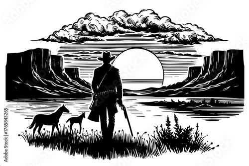 Man in a cowboy hat is walking with two dogs in a grassy field. The sun is setting in the background, casting a warm glow over the scene