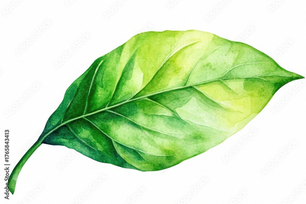 Fototapeta premium Vibrant watercolor green leaf on white background