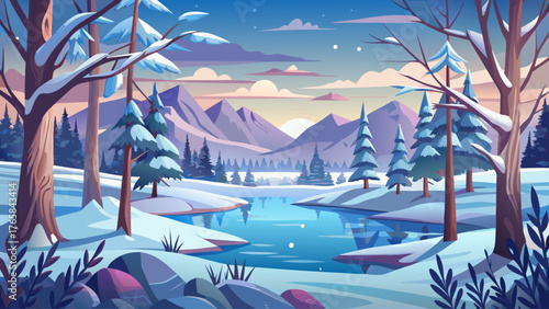 Vector illustration of a peaceful winter landscape with snow-covered trees, frozen lake, and soft cloudy sky. No sunlight or shadows, calm daytime atmosphere, minimalistic style