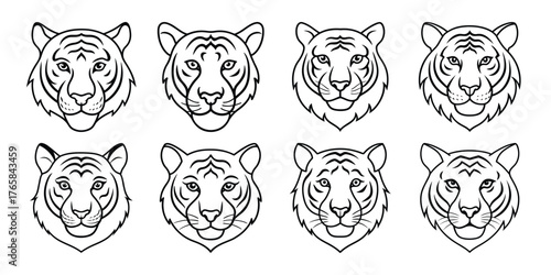 Collection of eight stylized tiger head illustrations in black and white line art style