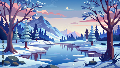 Vector illustration of a peaceful winter landscape with snow-covered trees, frozen lake, and soft cloudy sky. No sunlight or shadows, calm daytime atmosphere, minimalistic style