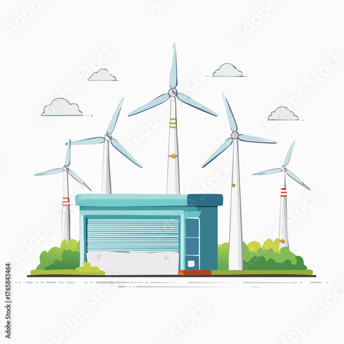A modern wind farm featuring multiple turbines and a central station building for generating clean, renewable electrical power. An illustration concept of sustainable energy technology