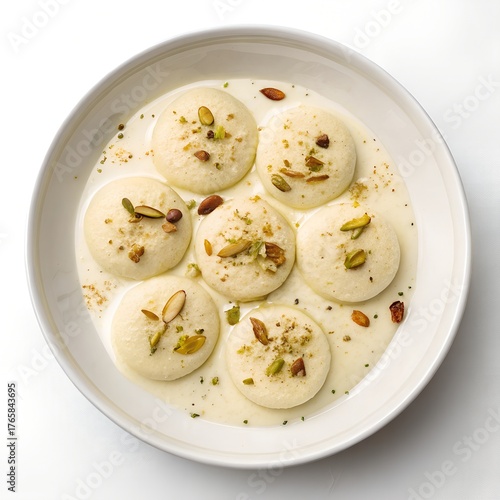  Indian Ras Malai Milk rasgulla with nuts in a white bowl top down view with white background