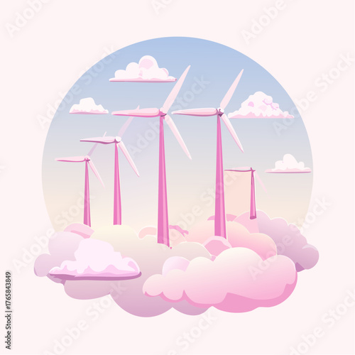 Wind Turbines in the Clouds Renewable Energy Landscape Illustration