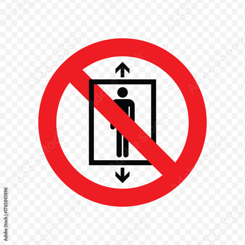Prohibition sign for using the lift or elevator, indicating the use of stairs during an emergency