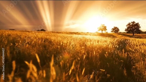 Rays of late afternoon light sweep across a golden meadow, camera pans slowly.