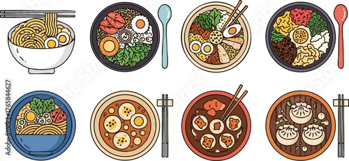 Flat Vector Illustration of Assorted Asian Food Bowls in Colorful Minimal Style