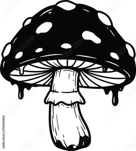 Black and white dripping mushroom with spots illustration fungi toadstool