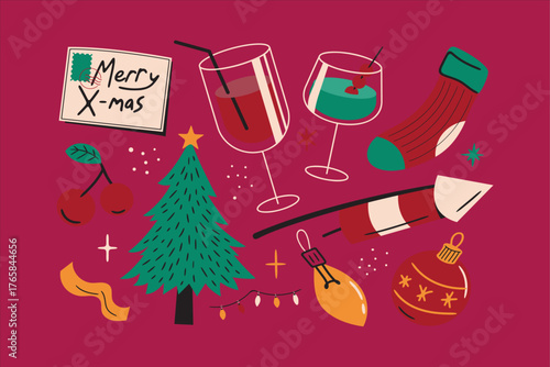 Festive Christmas Illustration with Tree, Decorations, and Drinks on Red Background