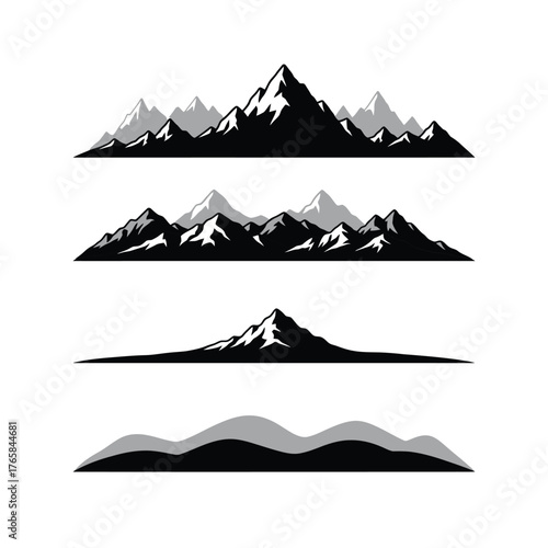 Collection of mountain range silhouettes with varied textures isolated on white