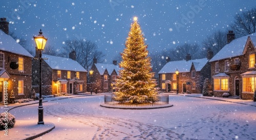 A charming village square is adorned with a christmas tree and snow falling gently