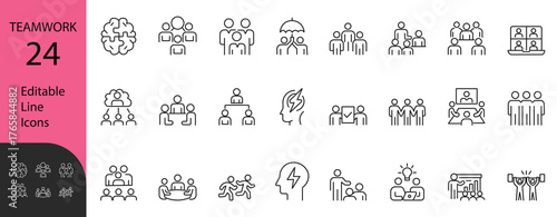Teamwork and Collaboration Line Icon Set. Contains symbols for business partnership, strategy, success, and management. Editable vector design for corporate presentations and workflow.