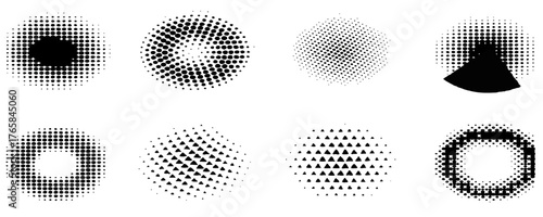A set of black and white dot vector icons displaying a halftone circle pattern design element for illustration art and decoration