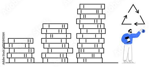 Stacked coins representing growth, a person holding a globe, and a recycling symbol. Ideal for sustainability, finance, resource management, environmental care, eco-friendly practices, green economy