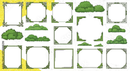 Set of pixel art frames and bushes retro game design elements isolated vector illustration for graphic design projects