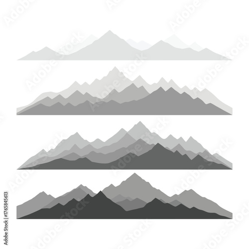 Layered mountain range silhouettes in shades of gray