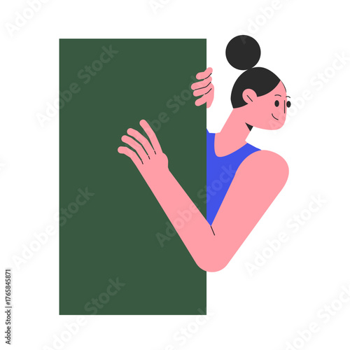 Woman Character Peeking Out Shape and Looking Vector Illustration
