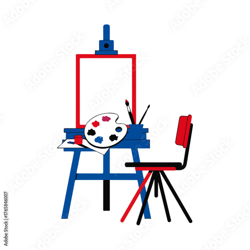Artists Studio Easel, Palette, Chair, Minimalist Design