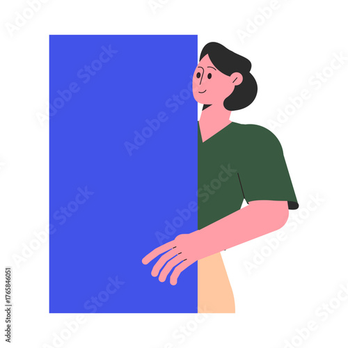 Woman Character Peeking Out Shape and Looking Vector Illustration
