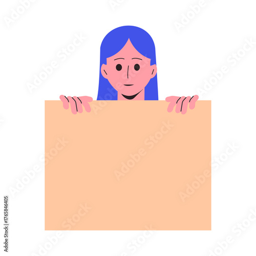 Woman Character Peeking Out Shape and Looking Vector Illustration