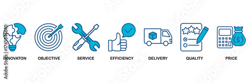 Product icon set Blue Monochrome Flat Design concept for innovation, objective, service, efficiency, delivery, quality and price