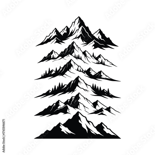 Stack of stylized black and white mountain silhouettes