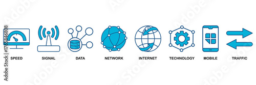 5G icon set Blue Monochrome Flat Design concept for speed, signal, data, network, internet, technology, mobile and traffic
