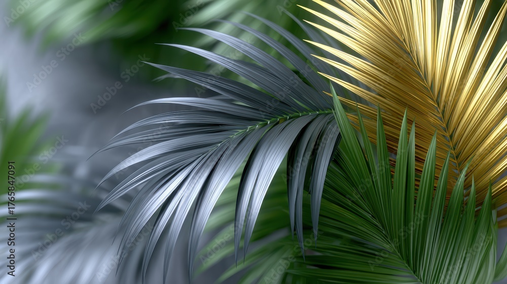 Obraz premium Tropical Leaf Arrangement with Metallic Accents