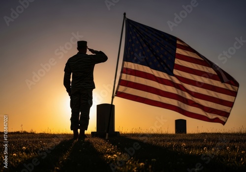 Silhouette of soldier saluting the american flag at sunset, honoring fallen heroes
